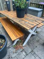Oude picknick tafel met banken, Ophalen, Gebruikt, Rechthoekig, Hout