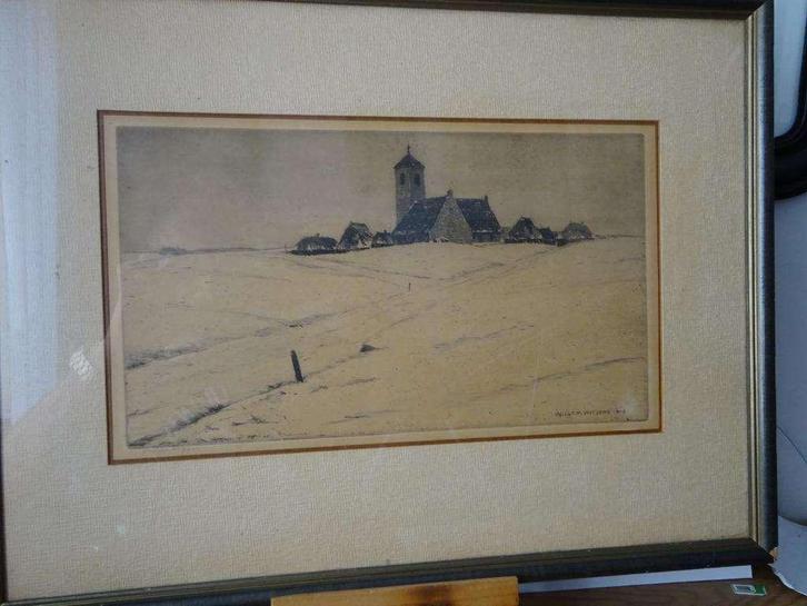 Willem Witjens ( 1884 - 1962 ) - Kerkdorp in de sneeuw, Antiek en Kunst, Kunst | Etsen en Gravures, Ophalen of Verzenden