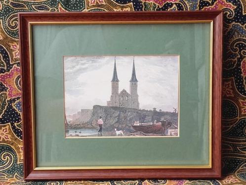 Reculver towers mooi antieke ingelijste prent uit Engeland., Antiek en Kunst, Kunst | Litho's en Zeefdrukken, Ophalen of Verzenden