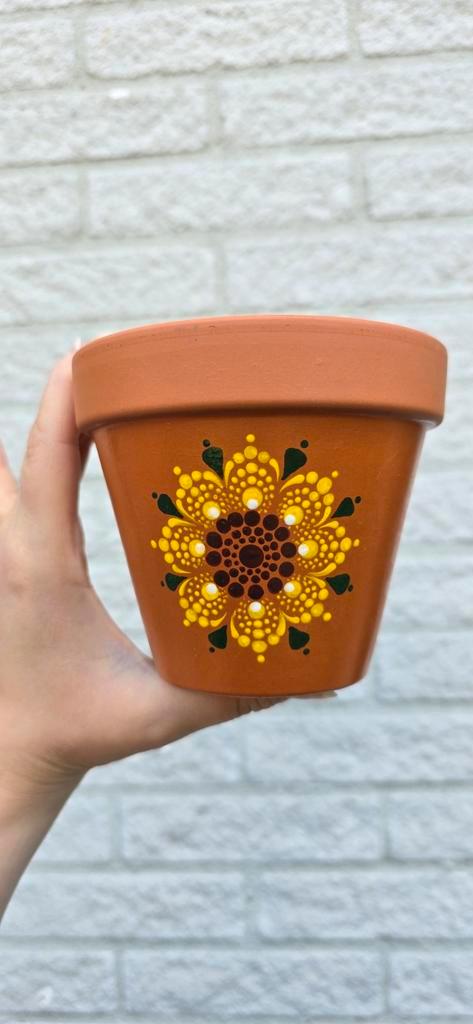 Zelfgeschilderde terracotta pot, Tuin en Terras, Bloempotten, Zo goed als nieuw, Minder dan 25 cm, Rond, Ophalen of Verzenden