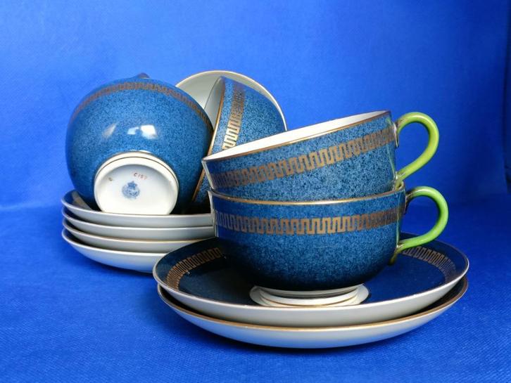 Royal Worcester - blauwe kop en schotels met groene oortjes, Antiek en Kunst, Antiek | Servies los, Ophalen of Verzenden