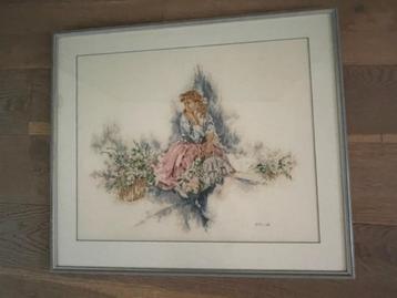 Romantisch groot borduurwerk zittend jong meisje bloemen. beschikbaar voor biedingen