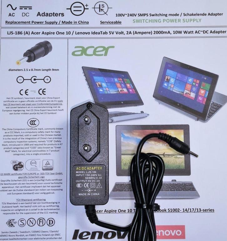 Acer Lenovo Medion 5V 2A Adapter One S1002 IdeaTab S2109, Computers en Software, Laptop-opladers, Nieuw, Ophalen of Verzenden