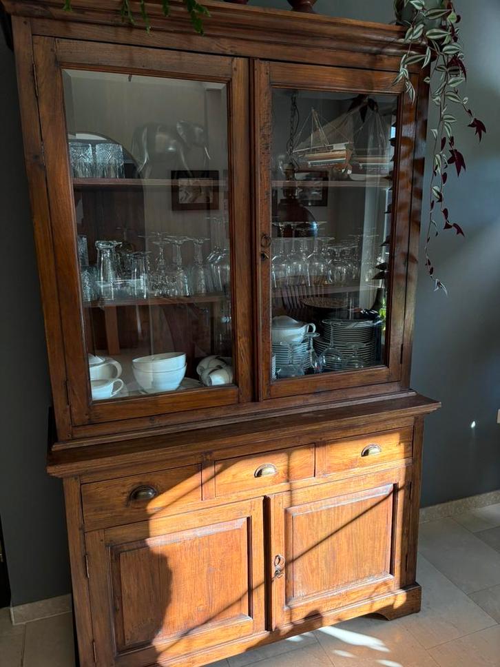 Massief Houten Vitrinekast – Landelijke Stijl, Huis en Inrichting, Kasten | Buffetkasten, Zo goed als nieuw, 200 cm of meer, 100 tot 150 cm
