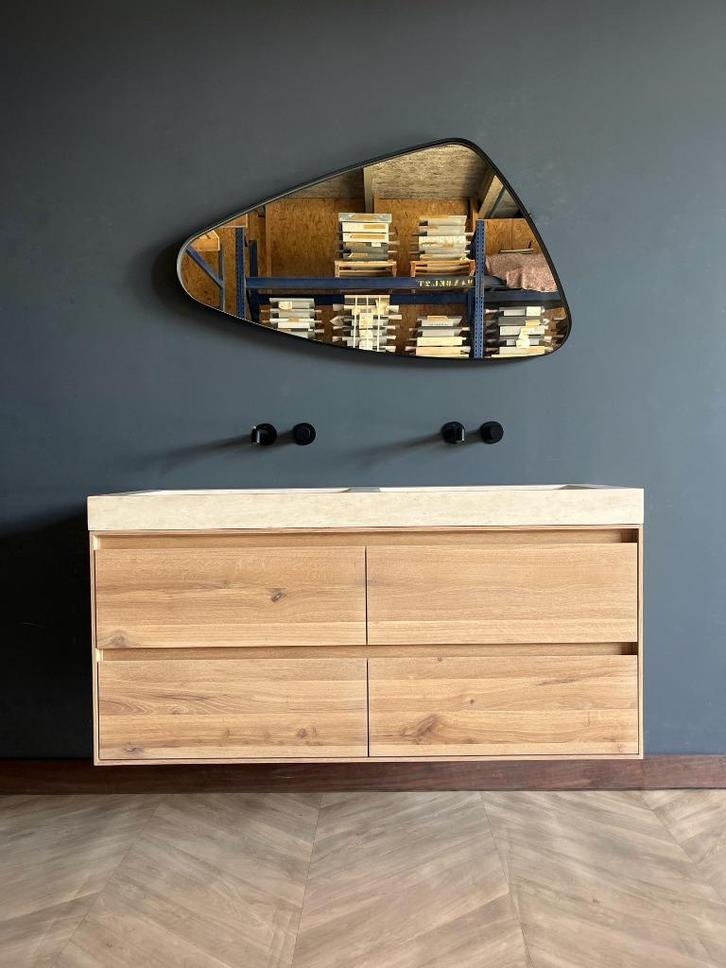 Luxe badmeubelset massief eiken en natuursteen, Huis en Inrichting, Badkamer | Badkamermeubels, Nieuw, Wastafelkast, Minder dan 100 cm