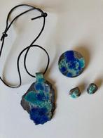 keramiek SIERADENSET raku gestookt hanger-broche-oorclips, Overige materialen, Verstelbaar, Blauw, Nieuw