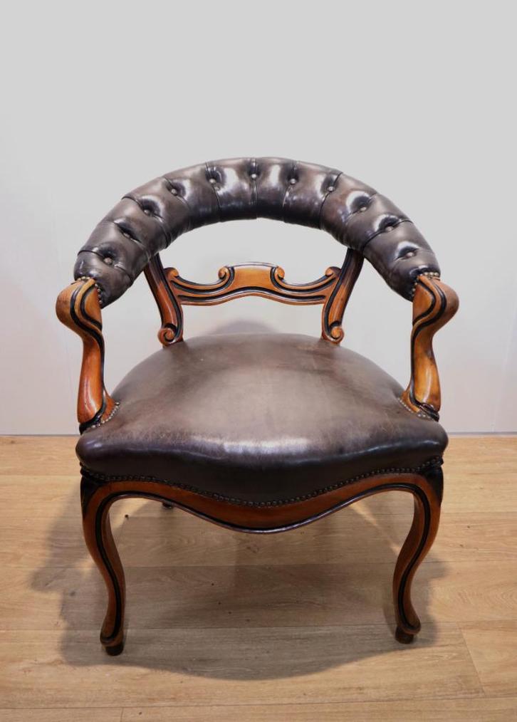 Antieke met leder beklede bureaustoel, 19 eeuw, Antiek en Kunst, Antiek | Meubels | Stoelen en Banken, Ophalen of Verzenden