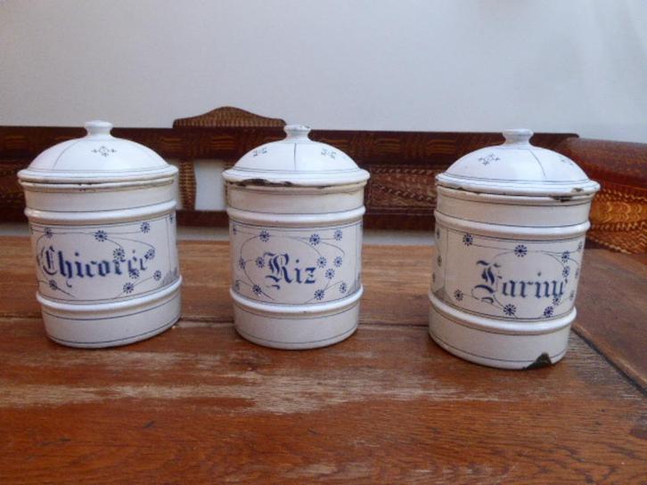 3 antieke emaille voorraadpotten, Antiek en Kunst, Antiek | Emaille, Ophalen of Verzenden