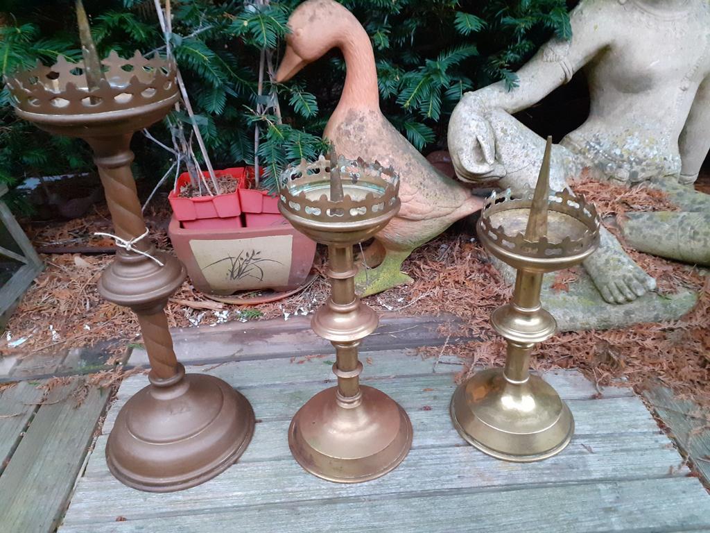 Antieke Kerkkandelaren - Set van 3, Antiek en Kunst, Antiek | Kandelaars, Koper of Brons, Ophalen of Verzenden