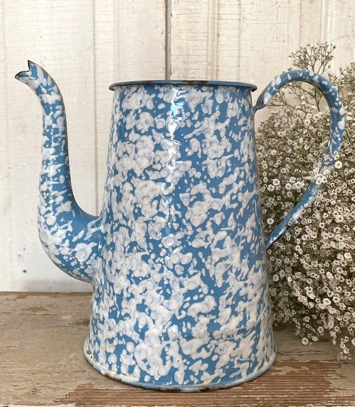 Emaille oude Franse koffiepot licht blauw met wit, Antiek en Kunst, Antiek | Emaille, Ophalen of Verzenden