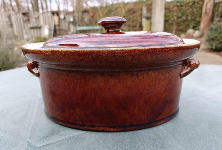 Antieke paté bak schaal ovaal keramiek bruine karamel Boche?, Antiek en Kunst, Antiek | Schalen, Ophalen of Verzenden