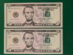 2x 5 dollars USA UNC 2021 jaar, Postzegels en Munten, Bankbiljetten | Amerika, Ophalen of Verzenden, Noord-Amerika, Setje