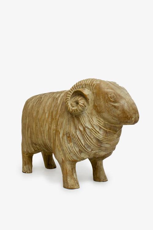 Handbewerkte vintage houten ram beeld schaap geit buste, Antiek en Kunst, Kunst | Beelden en Houtsnijwerken, Ophalen of Verzenden