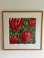 Ad van Hassel - Zeefdruk Tulpen Rood 70x70 cm Ingelijst, Antiek en Kunst, Ophalen