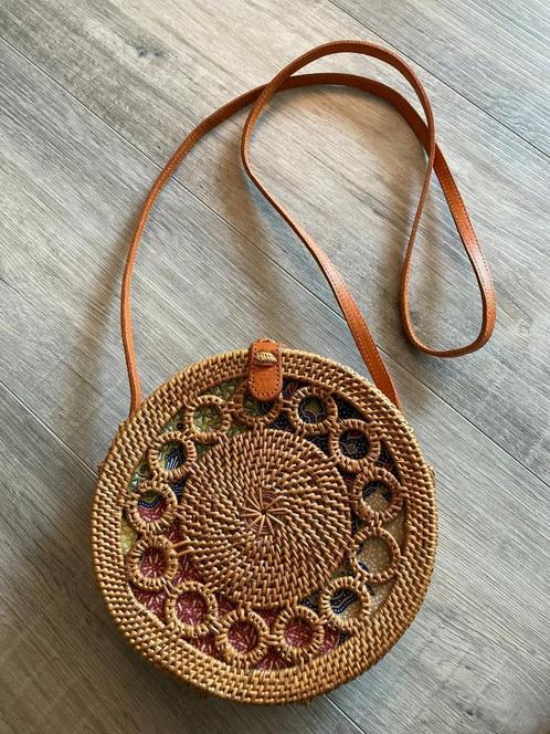 Vintage retro rieten rotan boho ronde damestas leren tasje, Sieraden, Tassen en Uiterlijk, Tassen | Damestassen, Zo goed als nieuw