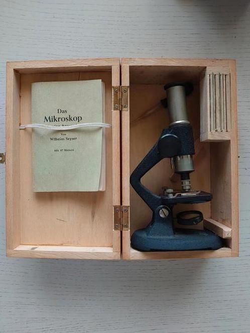 Vintage microscoop in houten doosje/ Wilheim Seyser, Audio, Tv en Foto, Optische apparatuur | Microscopen, Zo goed als nieuw, Biologische microscoop