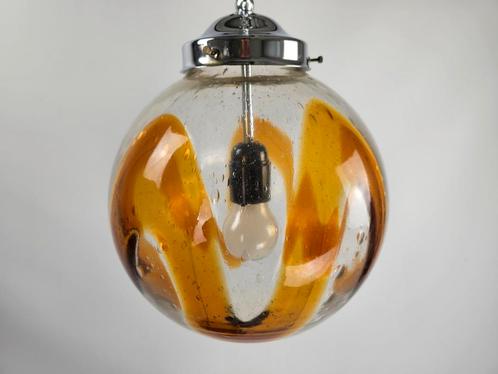 Italiaanse hanglamp van dik glas met oranje golf, Huis en Inrichting, Lampen | Hanglampen, Gebruikt, Minder dan 50 cm, Glas, Ophalen of Verzenden