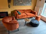 Koper/oranje bank, stoel en poef set, Huis en Inrichting, Banken | Bankstellen, Ophalen, Gebruikt, Driepersoons, 75 tot 100 cm