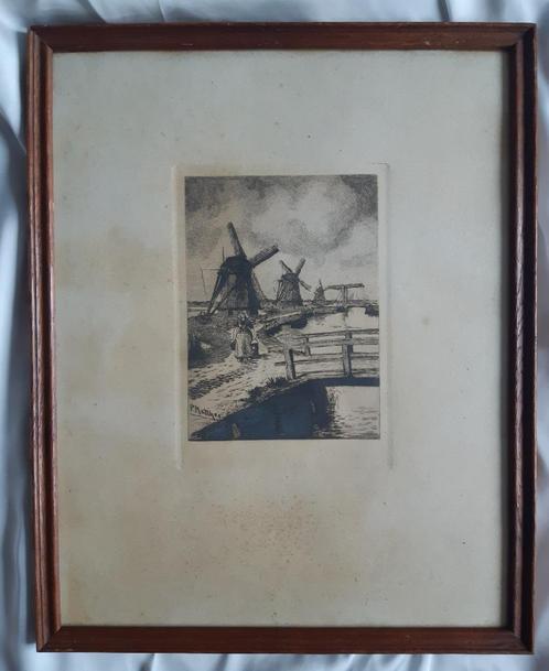 P Matthes (1872-1956) - Ets Klederdrachte en Molen - 1900, Antiek en Kunst, Kunst | Etsen en Gravures, Ophalen of Verzenden