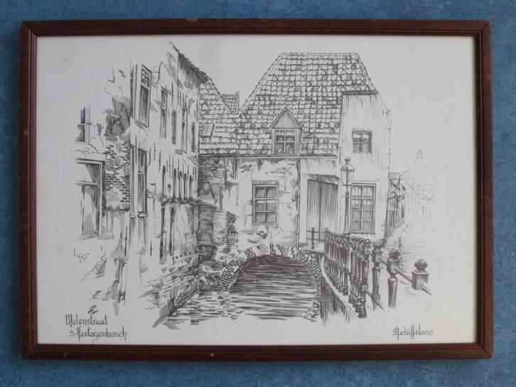 Molenstraat Den Bosch Ingelijste pentekening Schiffeleers, Antiek en Kunst, Kunst | Tekeningen en Foto's, Ophalen of Verzenden