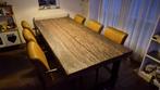 Industriële eettafel + 6 cognac leren stoelen, Ophalen, Gebruikt, Teakhout, 200 cm of meer