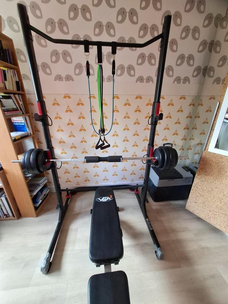 Pull Up station met Bankdruk en Gewichten, Sport en Fitness, Fitnessapparatuur, Gebruikt, Krachtstation, Armen, Benen, Borst, Buik