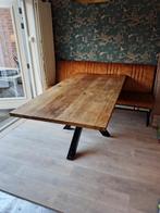 Moderne houten tafel stalen poot, Huis en Inrichting, Ophalen, Gebruikt, 50 tot 100 cm, Vijf personen of meer