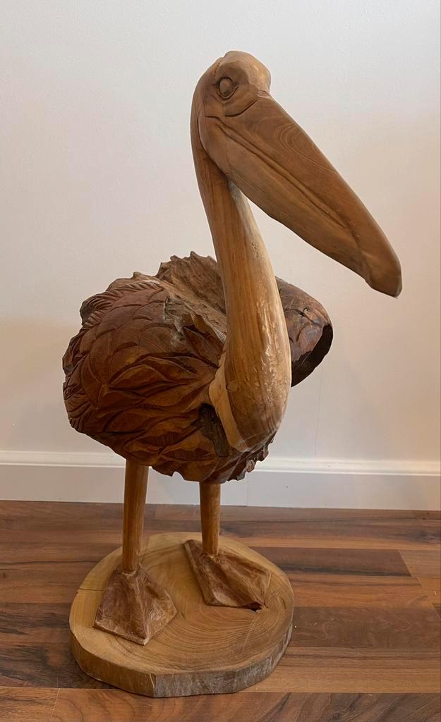 Houten staande pelikaan +/- 60cm hoog +/- 35cm breed, Antiek en Kunst, Kunst | Beelden en Houtsnijwerken, Ophalen of Verzenden