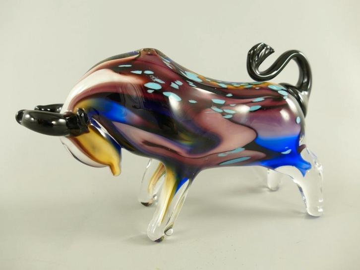 Murano Stijl Glas Stier - Blauw Bruin 20cm, Antiek en Kunst, Antiek | Glas en Kristal, Ophalen of Verzenden