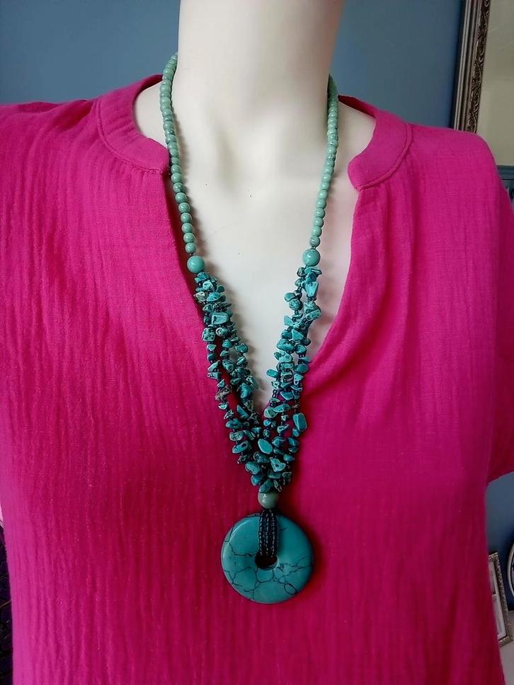 Turkooise Edelstenen Ketting, Sieraden, Tassen en Uiterlijk, Kettingen, Zo goed als nieuw, Steen of Mineraal, Blauw, Met edelsteen