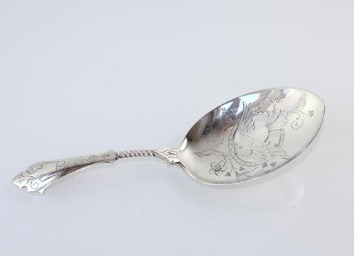 Antieke zilveren natfruitschep met vogel, 1887, Antiek en Kunst, Antiek | Goud en Zilver, Zilver, Ophalen of Verzenden