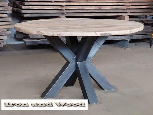 Barnwood romde kruispoot eettafel -  staal - oud eiken, Huis en Inrichting, Woonaccessoires | Overige, Nieuw, Ophalen