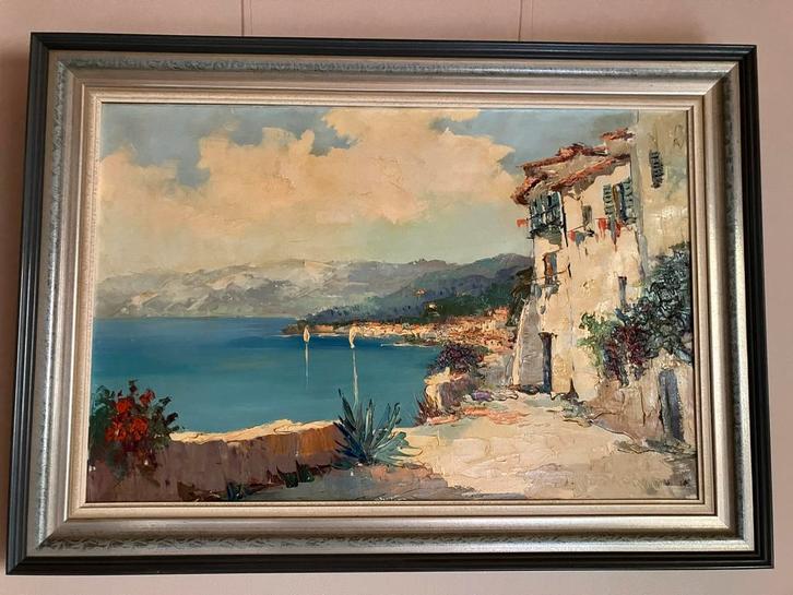 Schilderij: Italiaans kustlandschap, gesigneerd, Antiek en Kunst, Kunst | Schilderijen | Klassiek, Ophalen of Verzenden