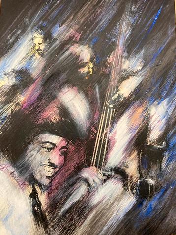 Vintage schilderij jazz Jimi Hendrix gesigneerd beschikbaar voor biedingen
