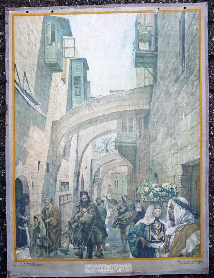 Oude schoolplaat met oud straatje in Jeruzalem, Antiek en Kunst, Antiek | Schoolplaten, Geschiedenis, Ophalen of Verzenden