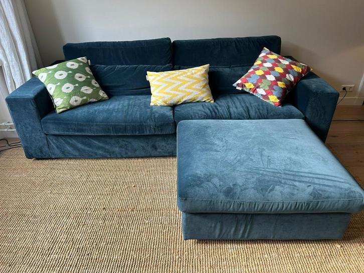 Bank & hocker (donkerblauw), Huis en Inrichting, Banken | Sofa's en Chaises Longues, Zo goed als nieuw, 75 tot 100 cm, Ophalen