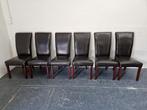 6 eetkamerstoelen in donker bruin leer met hoge rug, Ophalen, Gebruikt, Bruin, Hout