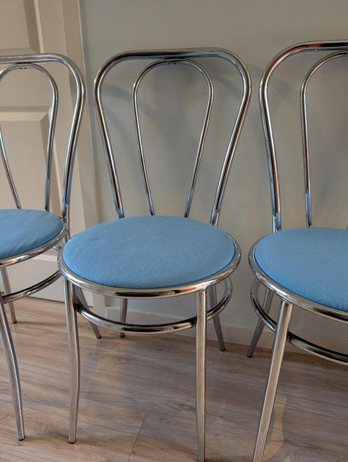 Retro eetkamerstoel chroom / stof (4 st. beschikbaar), Huis en Inrichting, Stoelen, Gebruikt, Vier, Metaal, Stof, Blauw, Ophalen