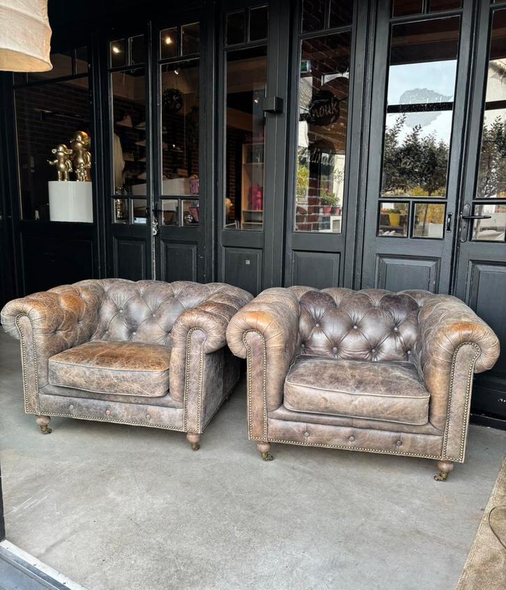 Set Chesterfield Clubfauteuils igs, Huis en Inrichting, Fauteuils, Gebruikt, Leer, 100 tot 125 cm, 75 tot 100 cm, Ophalen of Verzenden