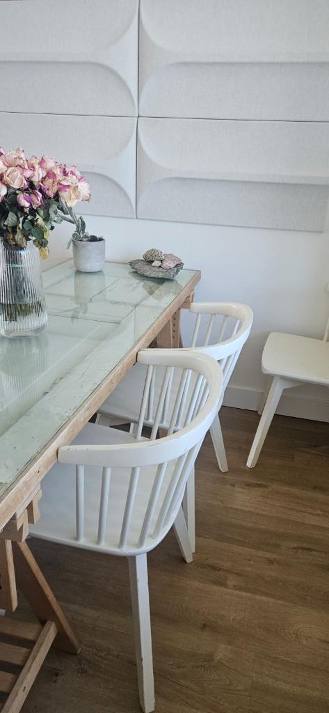 6 witte houten eetkamerstoelen met rugleuning Scandinavisch, Huis en Inrichting, Stoelen, Gebruikt, Vijf, Zes of meer stoelen
