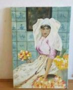 Olieverf klederdracht vrouw tulpen tegeltjes de Jong., Antiek en Kunst, Kunst | Schilderijen | Klassiek, Ophalen