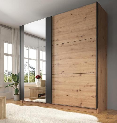 Meubella Saturn Kledingkast - Eiken/Zwart met spiegels, Huis en Inrichting, Kasten | Kledingkasten, Nieuw, 200 cm of meer, 150 tot 200 cm