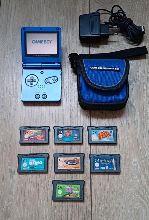 Game Boy Advance SP Blauw + 7 Games + Tas + Lader, Spelcomputers en Games, Spelcomputers | Nintendo Game Boy, Gebruikt, Game Boy Advance SP