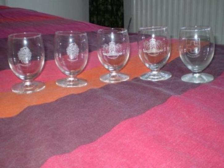 Vijf glazen met de namen en emblemen van landen erop, Huis en Inrichting, Keuken | Servies, Zo goed als nieuw, Glas of Glazen