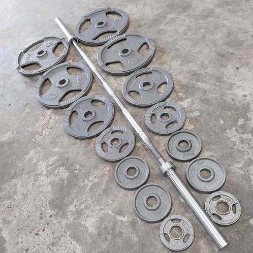 132.5 kilo Olympische Grip Gewichten Set + Barbell 220cm, Sport en Fitness, Fitnessmaterialen, Zo goed als nieuw, Ophalen