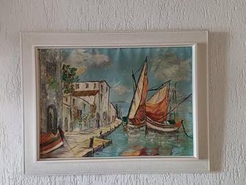 Schilderij met kade en boten beschikbaar voor biedingen