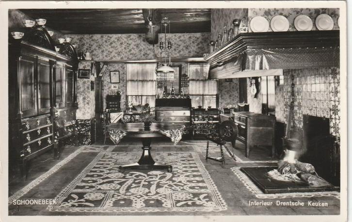 SCHOONEBEEK Interieur Drentsche Zandstrooi Keuken, Verzamelen, Ansichtkaarten | Nederland, Ongelopen, Drenthe, 1940 tot 1960, Verzenden