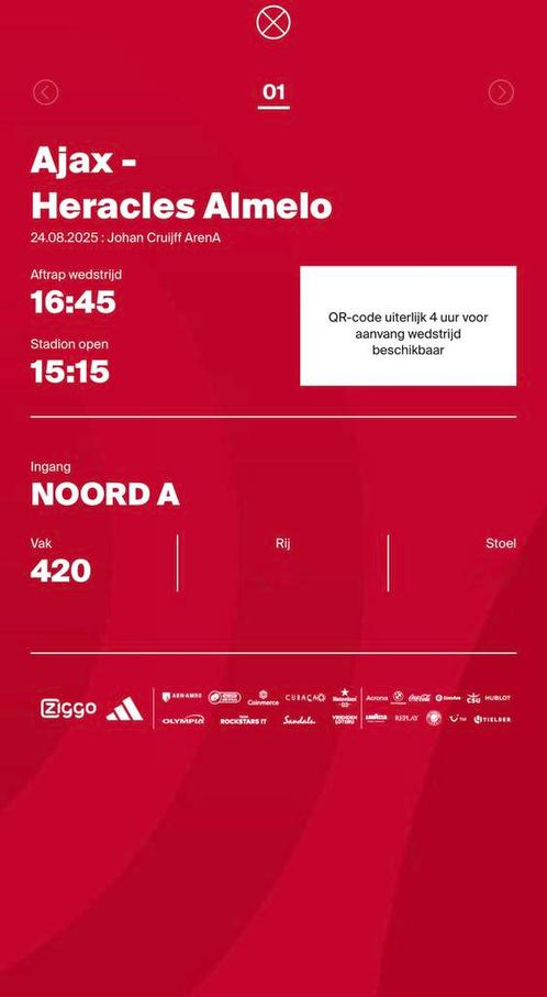 1 ticket Ajax - Heracles, Tickets en Kaartjes, Sport | Voetbal, Eén persoon, Augustus