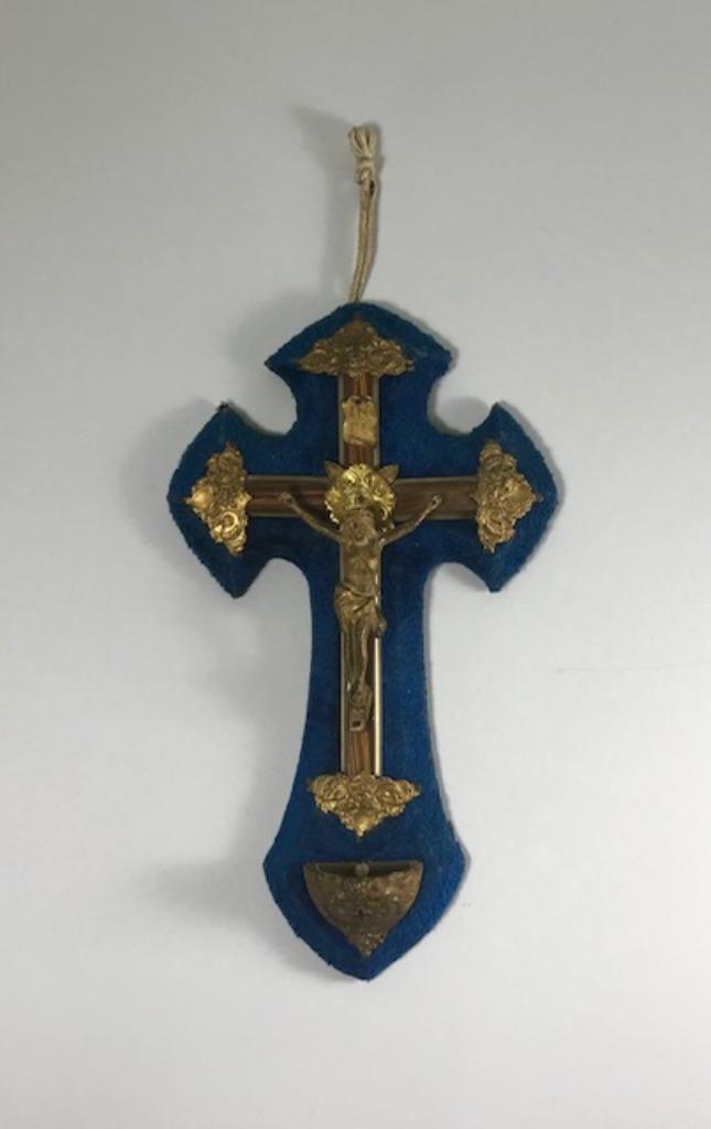 Frans Crucifix wijwatervat blauw fluweel 1920, Antiek en Kunst, Antiek | Religie, Ophalen of Verzenden