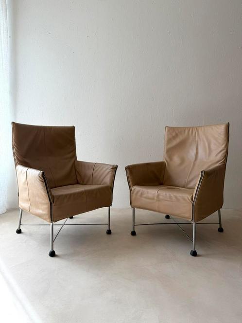 Set Charly fauteuils leer Montis ontwerp Gerard van den Berg, Huis en Inrichting, Fauteuils, Gebruikt, Hout, Leer, Metaal, Overige materialen